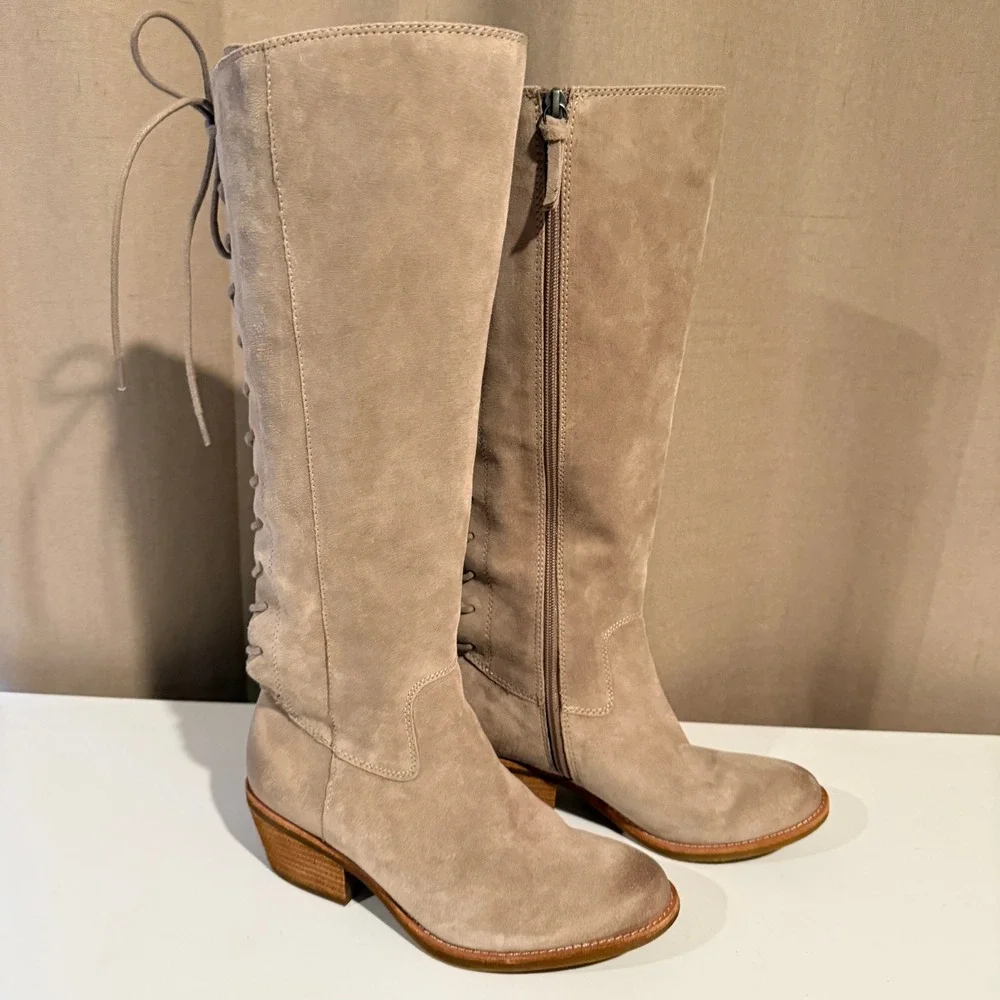 Sofft Womens Taupe Suede Tall Lace Up Back Knee High Boots Side Zip Stacked Heel